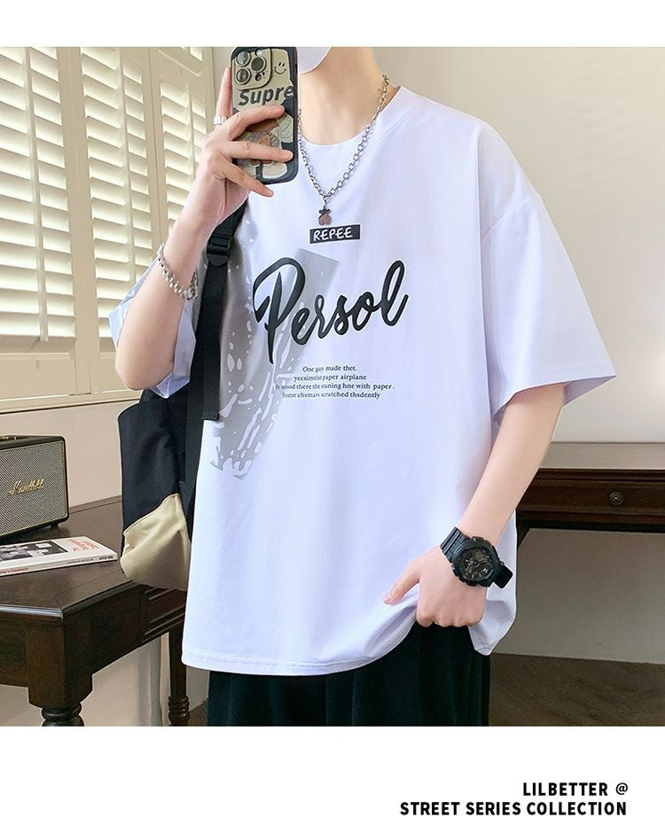 2025Summer New Men's Youth Casual Stylish Trendy Loose Short Sleeve T Shirt Gradient Color for Middle and High School Students