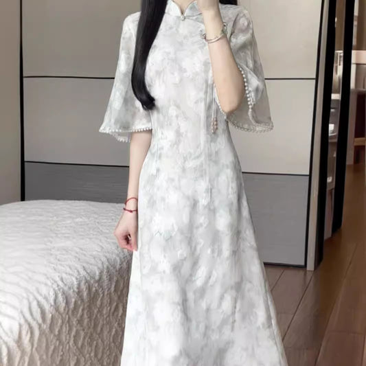 Matcha2024New Summer Style Fresh Elegant Improved Cheongsam Long Daily Youth Dress