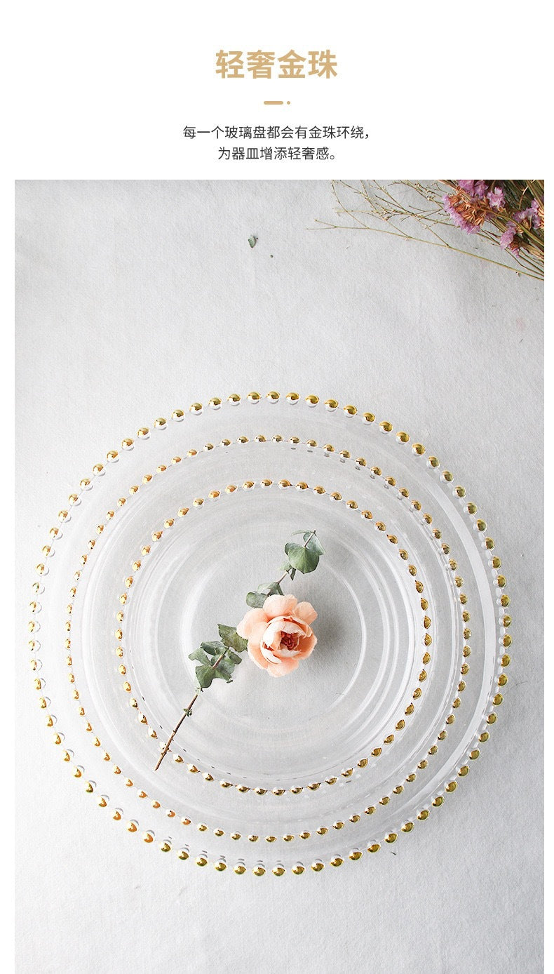Nordic Gold-Plated Bead Plate Luxury Glass Electroplated Plate Round Pearl Western Steak Plate Silver Large Size Bead Plate