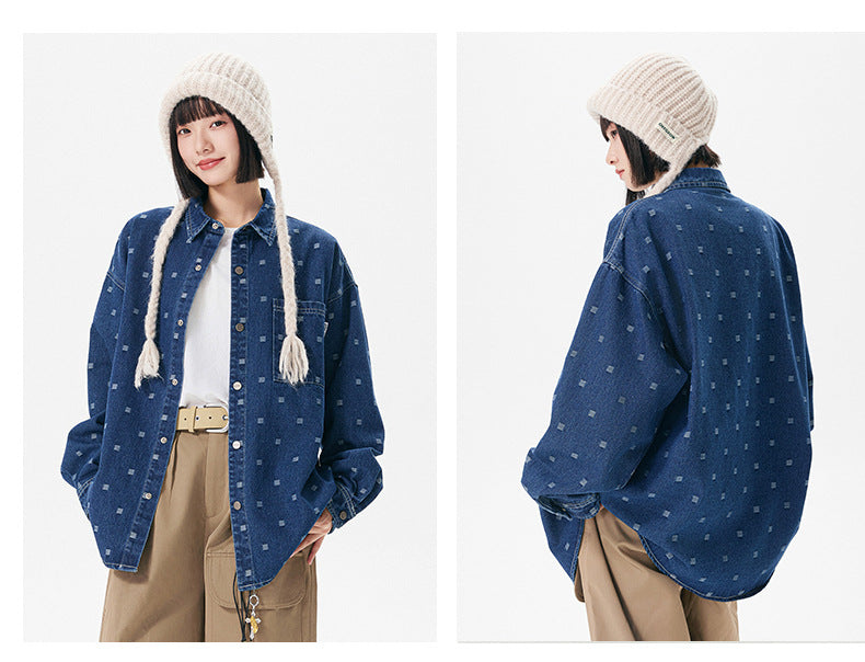 Pattern Jacquard Blue Denim Jacket Men Spring and Autumn Loose Casual Washed Shirt Long Sleeve Shirt Unisex
