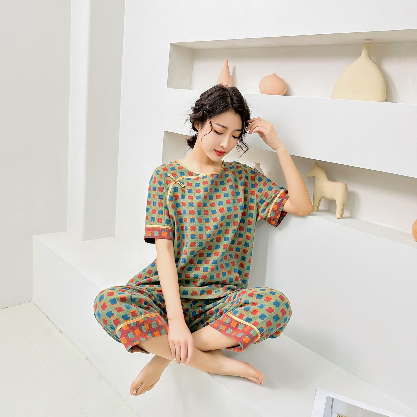 New Chinese Style Retro National Style Cotton Gauze Pajamas Plus Size for Women mm Summer Thin Loose Fit200Pure Cotton Homewear