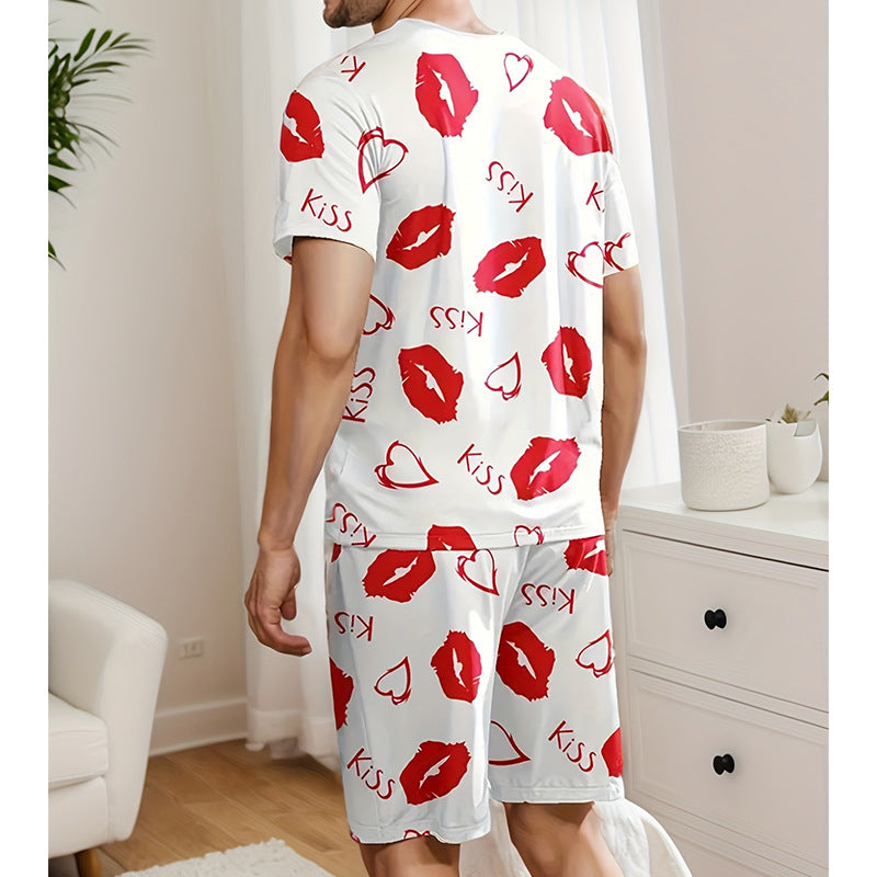 Cross-Border Delivery2025New Summer Men's and Women's Shorts Casual Kiss Print Couple Set Loungewear