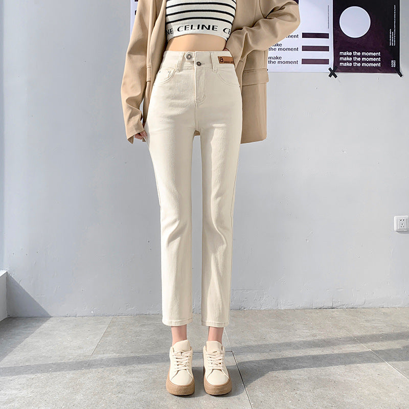 High Waist Gray Small Straight Jeans Women's Spring Clothes2025New Year's Slimming Asymmetric Cigarette Pants Nine-Tenths Length for Petite Figures