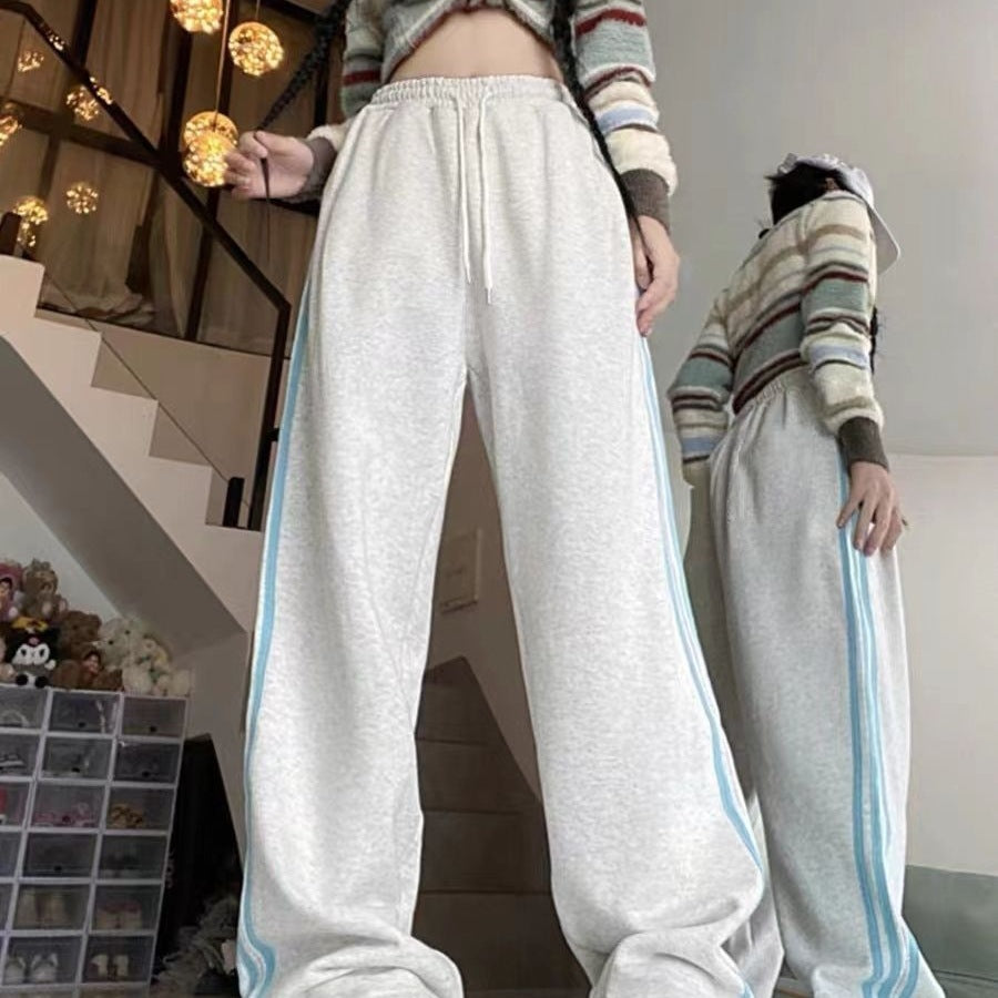 Melard Wide-Leg Pants for Women, Autumn and Winter New Loose Slimming Versatile American Style Striped Casual Sports Sweatpants