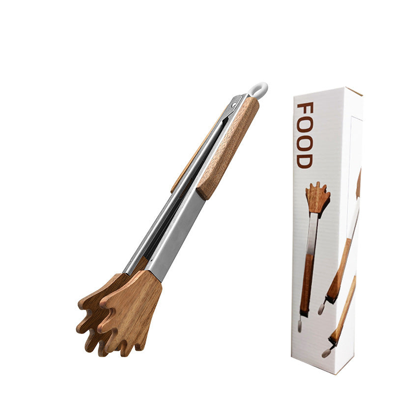 New Cross-Border Acacia Wood Food Clip Food Clip Cat Paw Palm Clip Stainless Steel BBQ Barbecue Tongs Steak Tongs