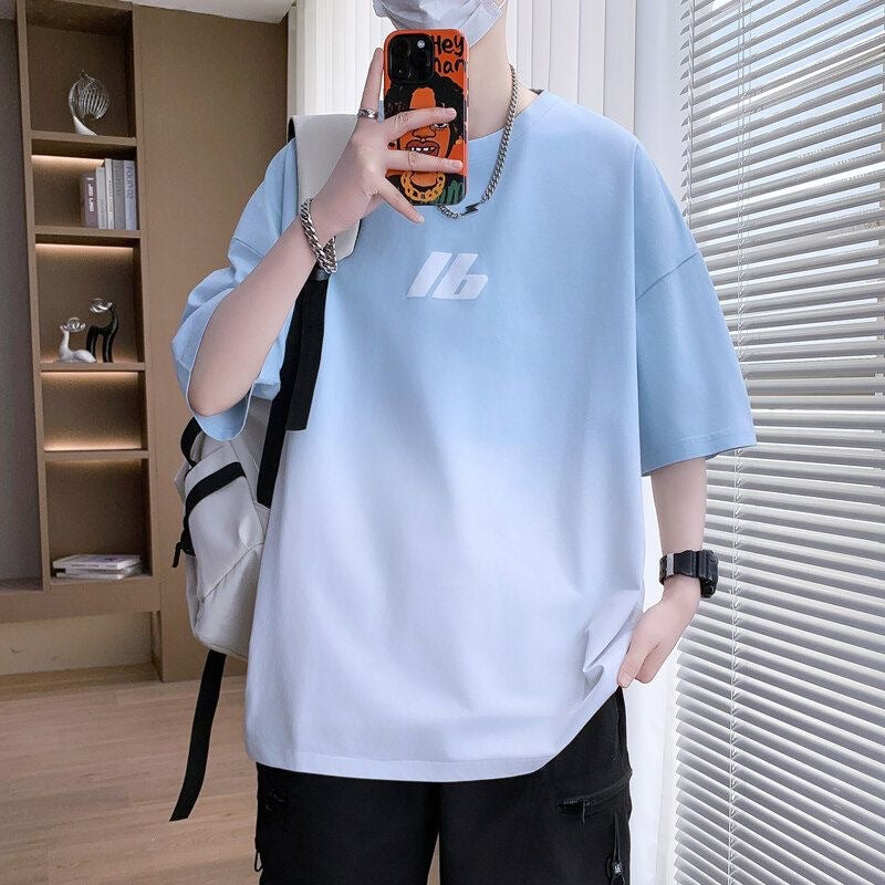 2025Summer New Men's Youth Casual Stylish Trendy Loose Short Sleeve T Shirt Gradient Color for Middle and High School Students