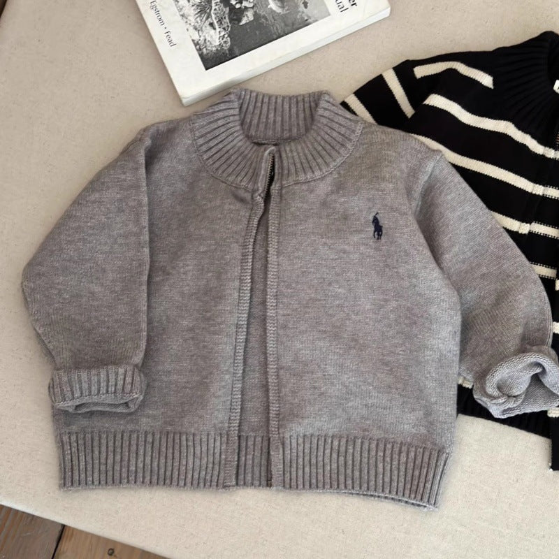 Children's Sweater2025Spring and Autumn Boys' Stand Collar Zipper Knitted Cardigan Baby Toddler Autumn Striped Jacket Children's Clothing