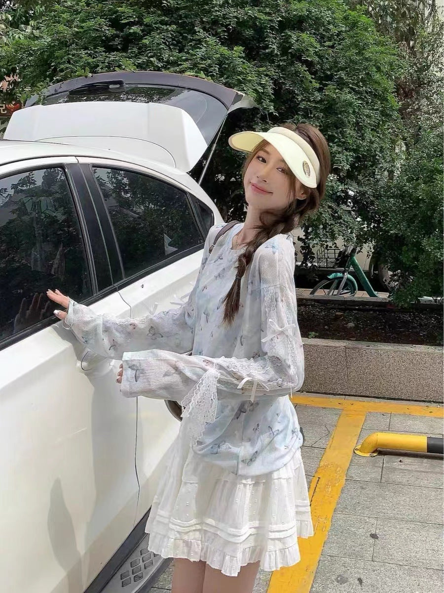 Dopamine Star Sun Protection Long Sleeve Knit Top Autumn2024New Loose Bowknot Design Niche Top
