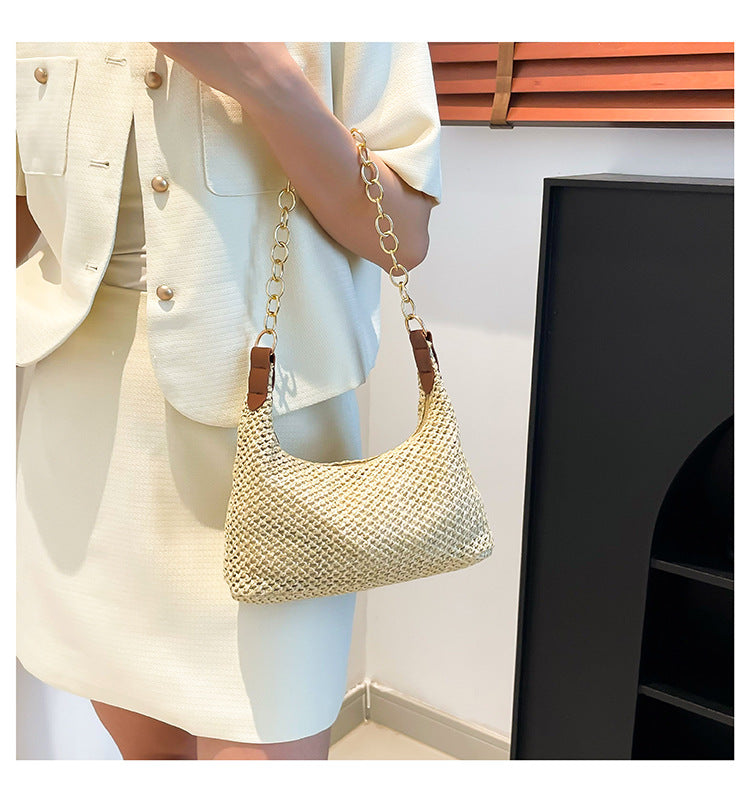 South Korea ins Vintage Woven Tote Bag Straw Bag Large Capacity Underarm Bag Shoulder Bag Vacation Style Beach Bag for Women