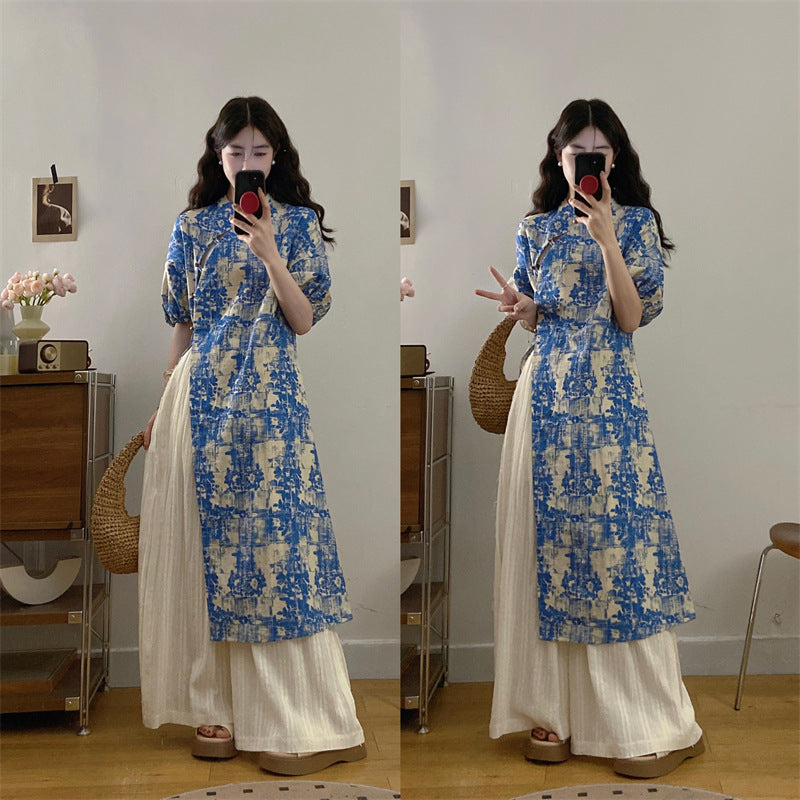 New Chinese Style National Style Set Gentle Temperament Super Beautiful Blue Floral Long Top Casual Long Pants Two-Piece Set