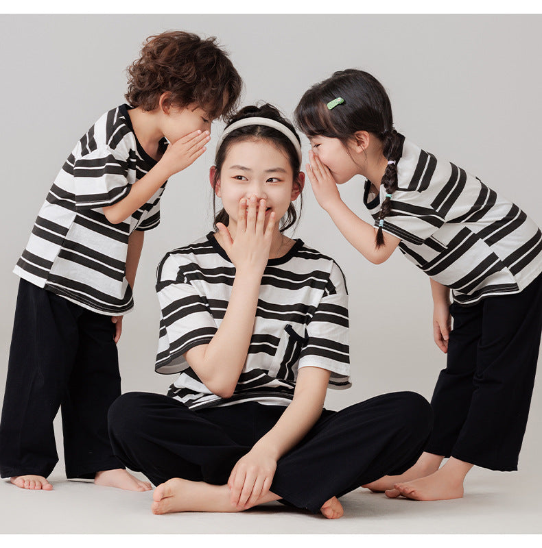 Parent-Child Cotton Homewear Summer Style Children's Short Sleeve Long Pants Set Cartoon Air Conditioning Clothing Sweat-Absorbing Printed Pajamas Couple Outfit