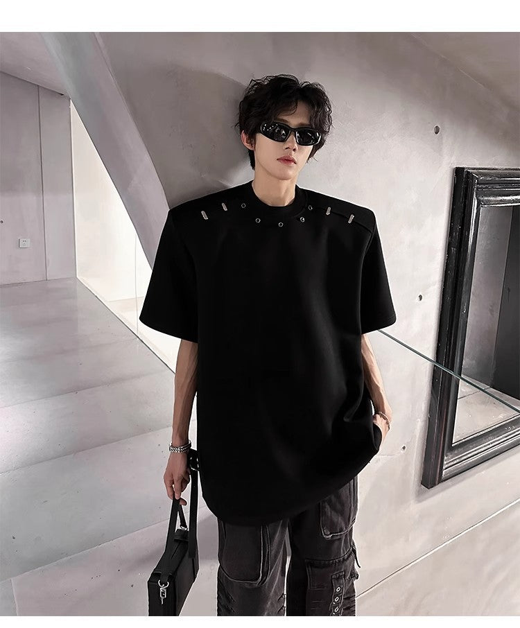 2025High-end Stylish Padded Shoulder Short Sleeve T Men's Summer Shirt with Unique Metal Decoration Design Heavyweight Top t T-shirt