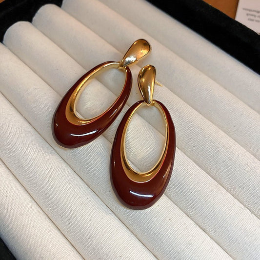 Silver Needle Ancora Red Oil Drop Geometric Earrings Niche Versatile Retro Elegant Studs High-end Fashion Earrings for Women