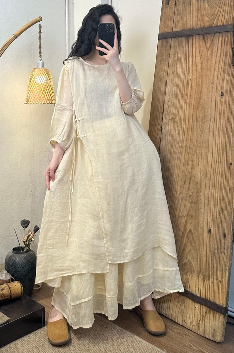 2025Summer New Retro Niche Pure Ramie Handmade Button Lace-up Light National Style Dress
