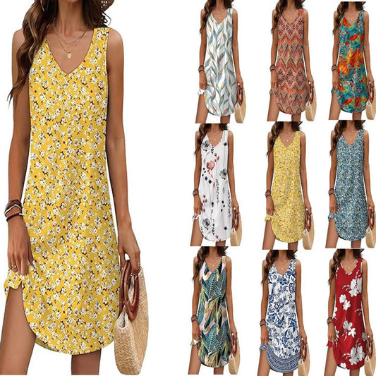 European And American Women’s Clothing Summer Loose Casual V-neck Flower Dress