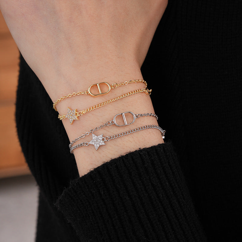 Zircon Star Pig Nose Double Layer Bracelet Niche Light Luxury High-end Versatile Fashion Commuting Vintage Jewelry