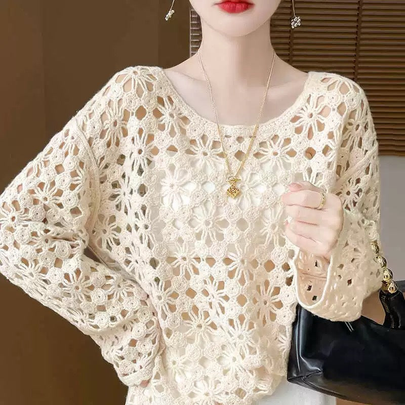 Early Autumn Crochet Hollow Solid Color V Lazy Style Soft Wool Knitted Pullover Top Slimming