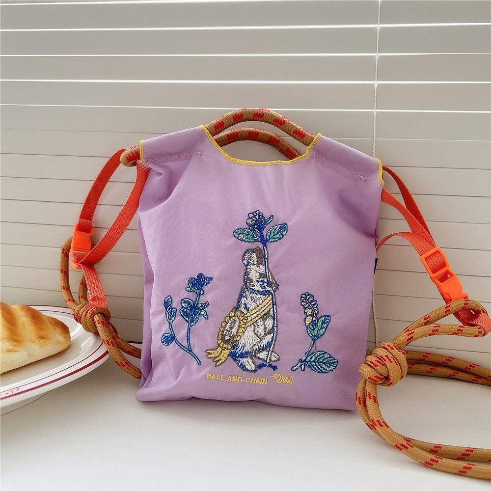 Japanese Style BallChain Same Style Eco-Friendly Embroidered Shopping Bag Nylon Fabric Floral Handheld Niche Fashion Shopping Bag