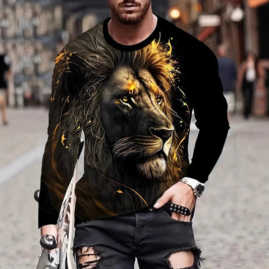 European and American Cross-Border Amazon Foreign Trade Men's Animal Fashion3D Digital Printing Casual Round Neck Long Sleeves T T-Shirt Wholesale