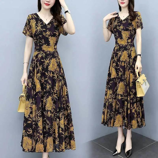 2022Summer New Chiffon Floral Dress Slimming Waist Plus Size Women mm Tummy-Covering Elegant Long Dress
