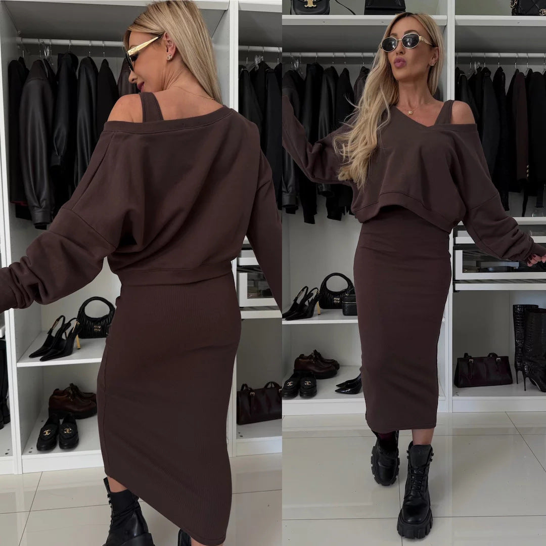 Amazon European and American Cross-Border New Spring Summer Women's Solid Color Clothing V Collar Long Sleeve Sweater Sling Slim Fit Long Dress2Set