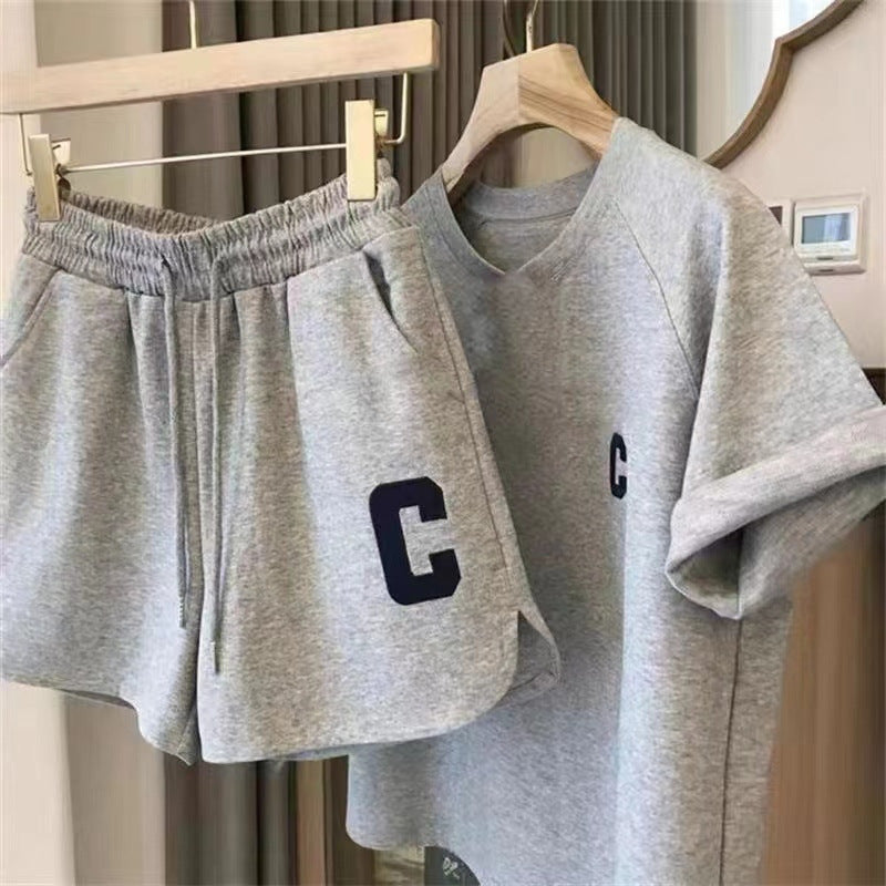 Original quality Amazon Korean style women's summer loose short sleeve T T-shirt shorts sports embroidered letter casual set
