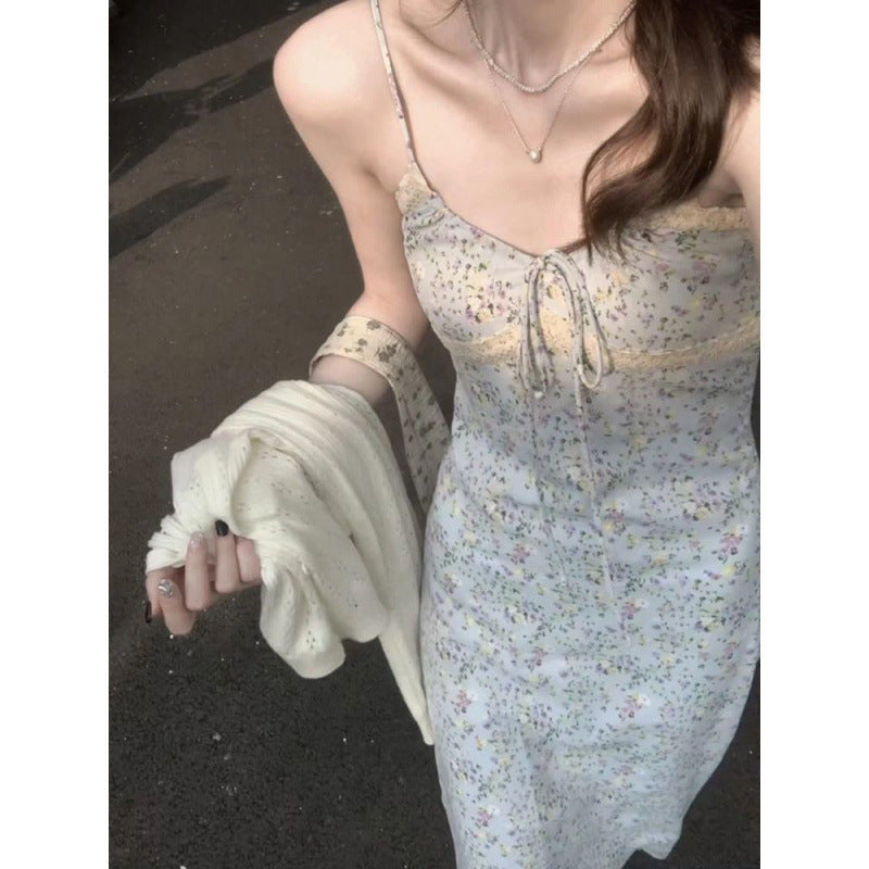 Petite Dress Sun Protection Cardigan Lace Two-Piece Set Tea Break Style Sweet Floral New Strap Outfit Set