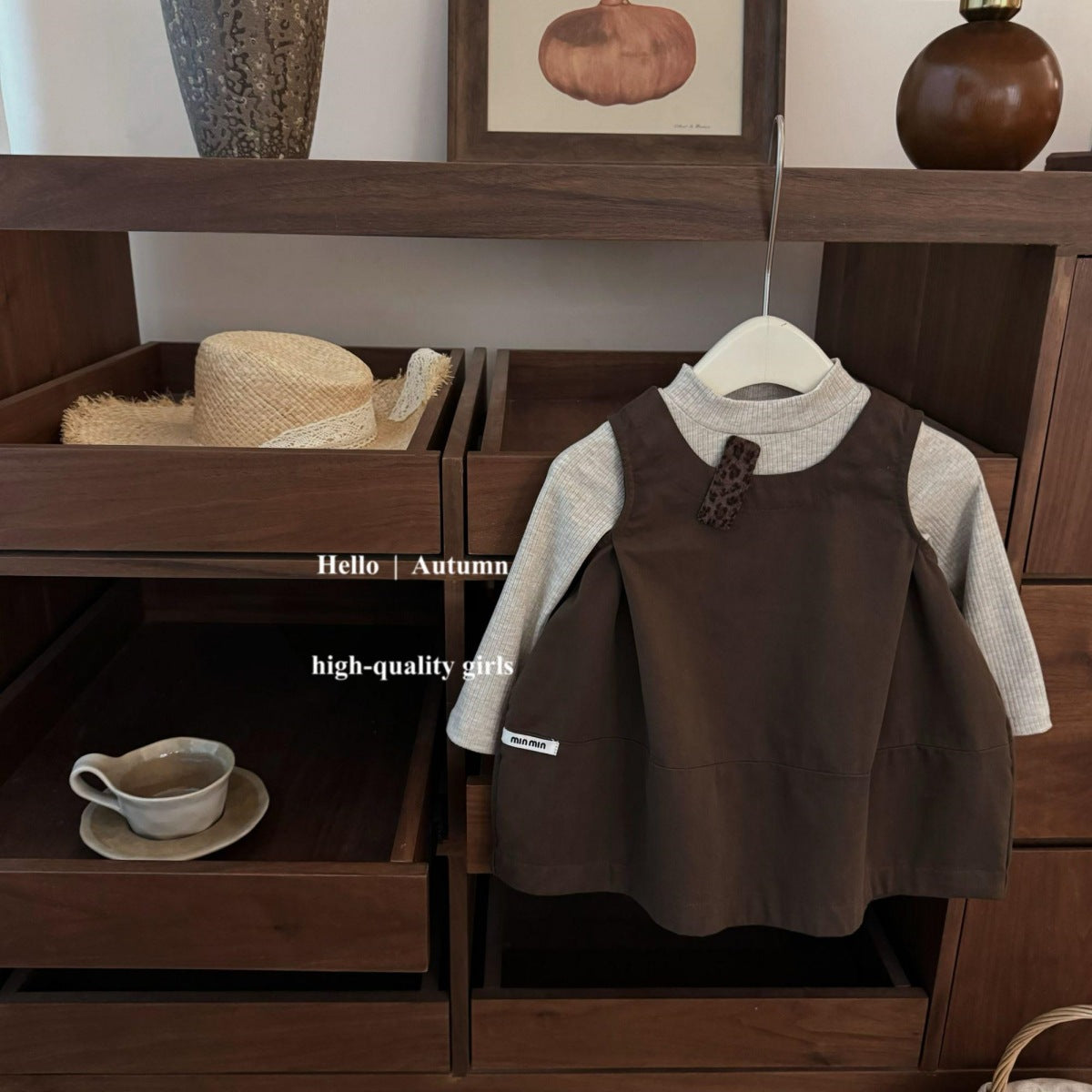 Sweet Little Girl Autumn Outfit Set Autumn Korean Style Flower Bud Vest Dress Ribbed Base Shirt Stylish Two-Piece Set