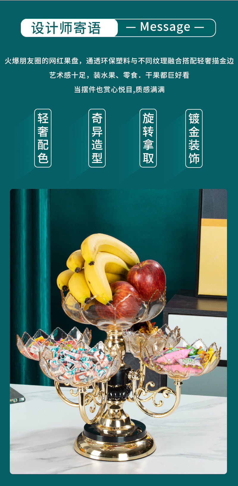 Fruit Plate Household Multi-layer Rotating Fruit Plate Living Room Fruit Plate European-style Light Luxury Crystal Plate Anti-Fall