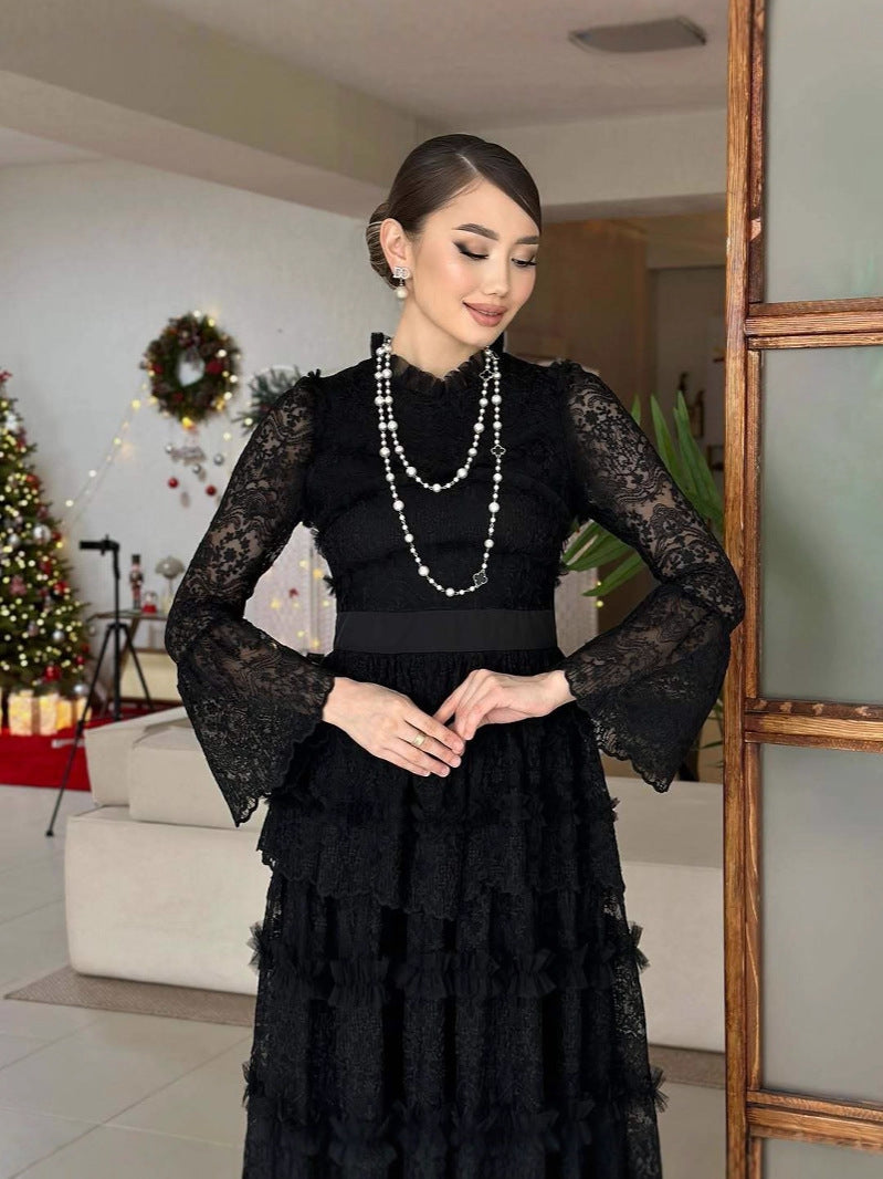 2025Early Autumn New Bell Sleeve Vintage Lace Mesh Patchwork Dress Women Slim Elegant Long Dress