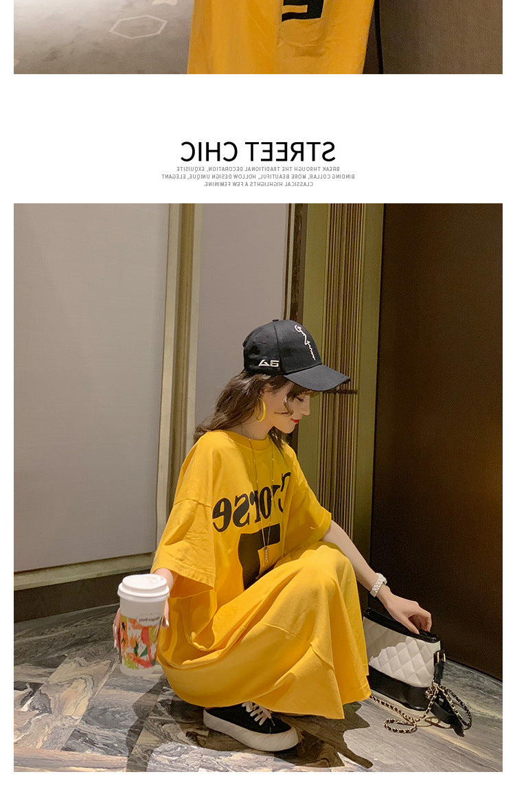 Summer Korea200Jin Fat mm Dress Women's Long Backless Loose Maxi Dress Plus Size Short Sleeve Maternity T T-shirt Skirt