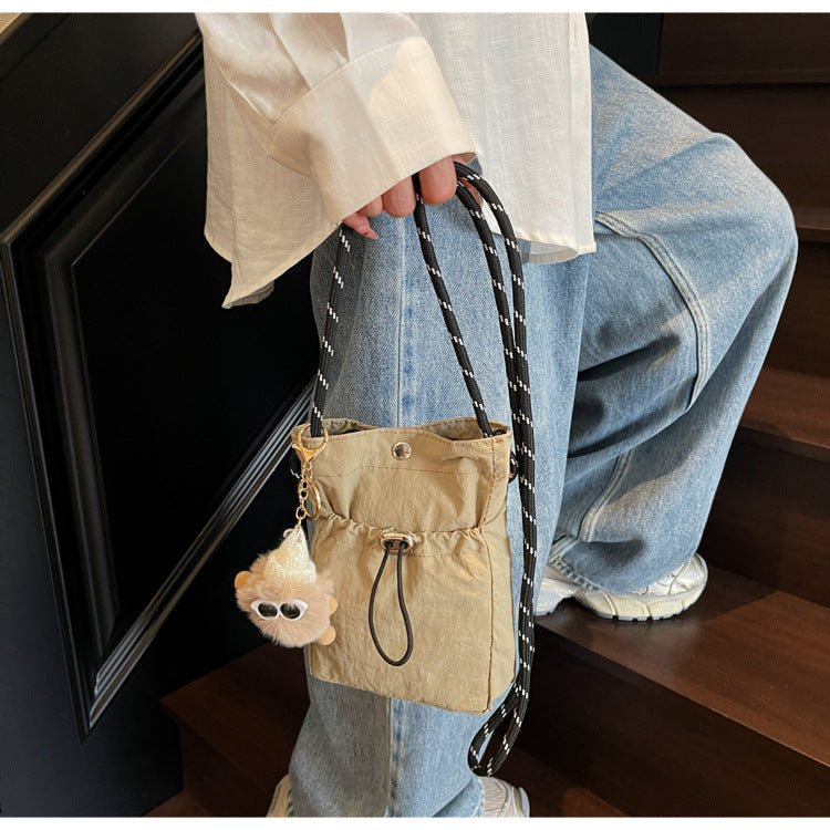 Internet celebrity ins Single Shoulder Crossbody Drawstring Small Bag2025Niche Fashion Lightweight mini Women's Nylon Phone Bag