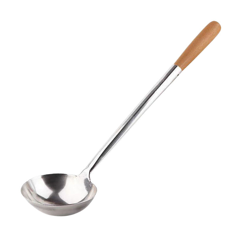 Stainless Steel Stir-Fry Spoon Chef's Stirring Spoon Long Handle Soup Spoon Serving Spoon Stir-Fry Spoon Kitchen Spatula Wooden Handle Pot Spatula Spoon