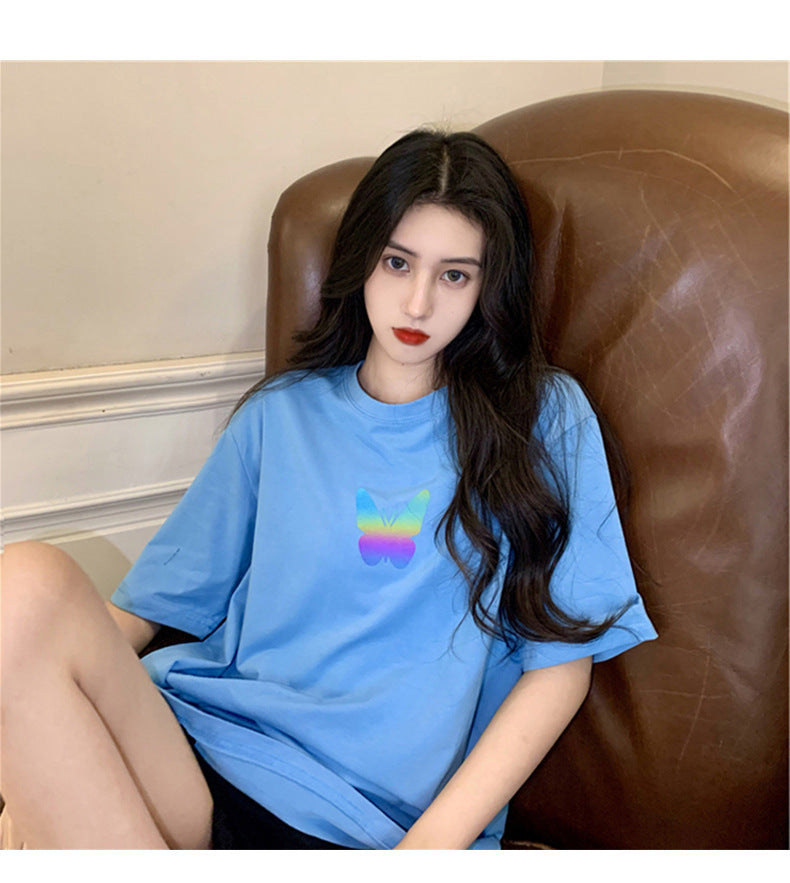 Summer2025New Year's Trendy Internet Celebrity Couple Outfit Reflective Butterfly Short Sleeve t Women's Summer T-shirt ins Super Popular Short Top
