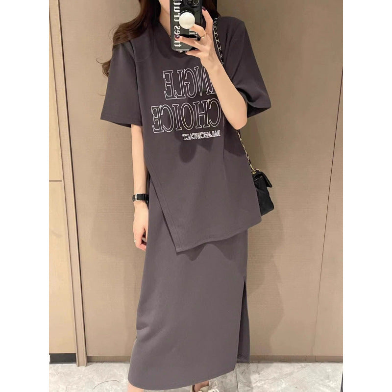 Plus Size Women's Summer Fashion Set European Style Belly Covering Slimming Skirt Two-Piece Set for Chubby Women mm300Jin