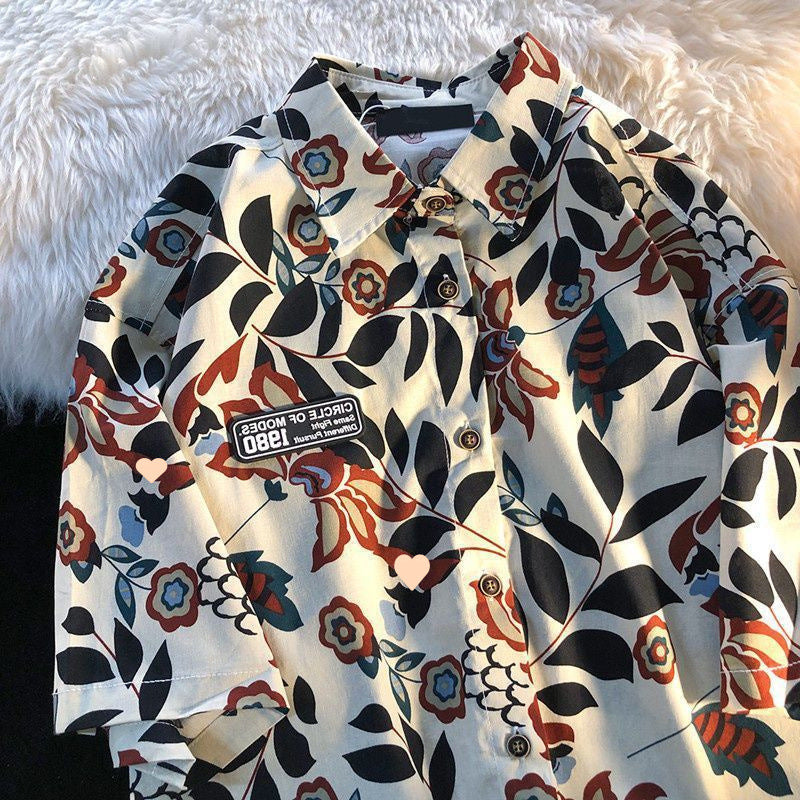 American Style Full Print Design Niche Shirt for Men and Women Summer Hong Kong Style Simple Loose College Style Couple Short Sleeve Trendy