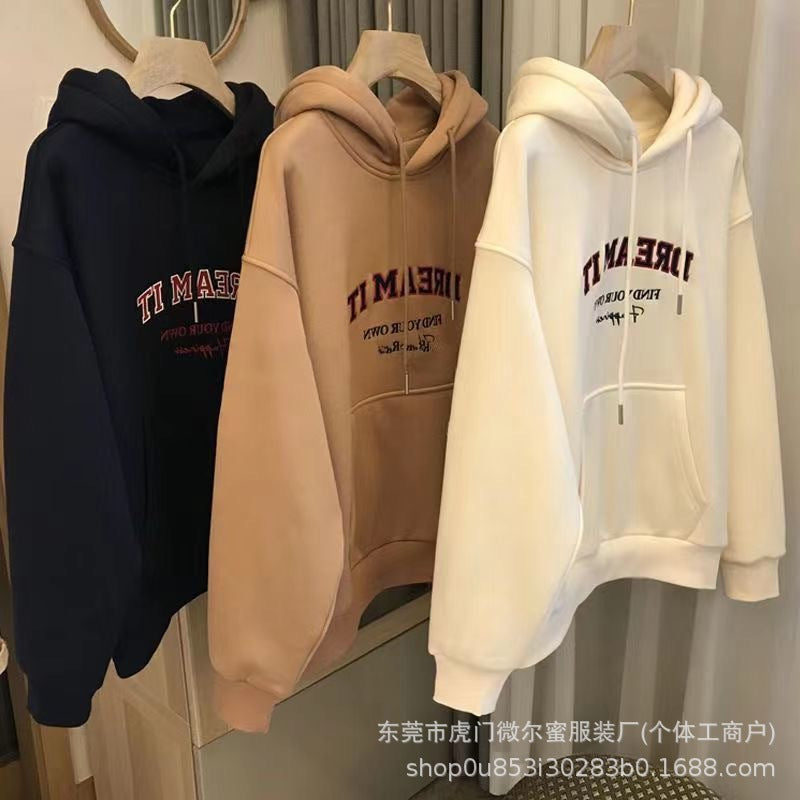 American Style Fleece-Lined Thickened Autumn Winter New Hooded Sweatshirt for Women Korean Version Plus Size Loose Coat Student Couple Outfit
