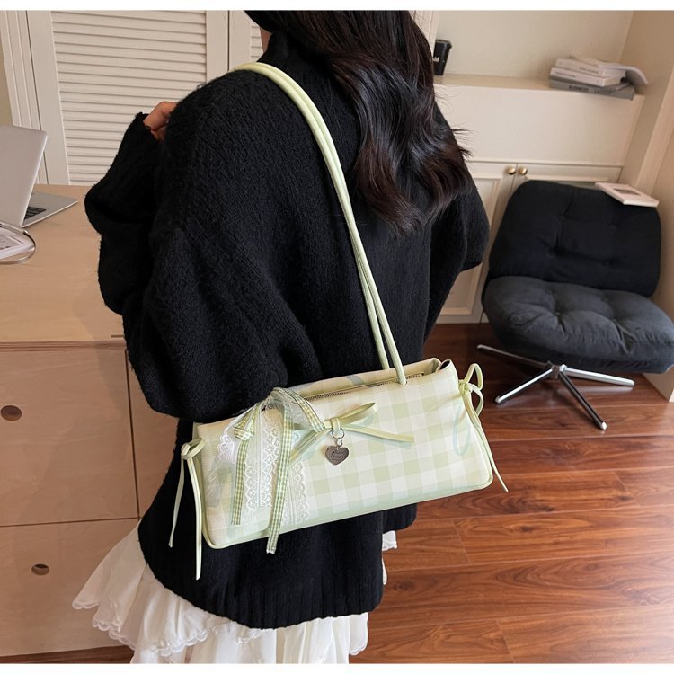 Dopamine Plaid Handbag Small Tote Bag for Women Summer2025New Ballet Style Bow Baguette Bag Underarm Bag Trendy