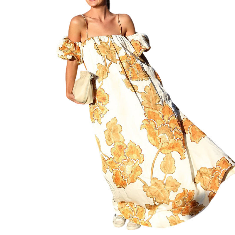 Printing Suspenders Vacation Style Dress