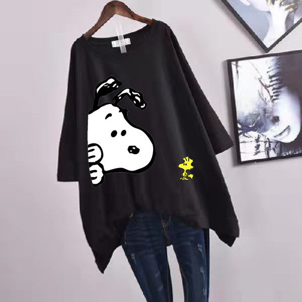 200Plus Size Women's Summer Leaf Print Casual Split Mid-Length Short Sleeve Dress T Women's Loose Fit Plus Size Shirt
