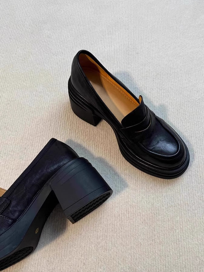 Soft Leather Version~Lancui Thick-Soled Chunky Heel Loafers for Women, Retro Style, Height-Increasing Slip-On Simple Leather Shoes for Petite Women