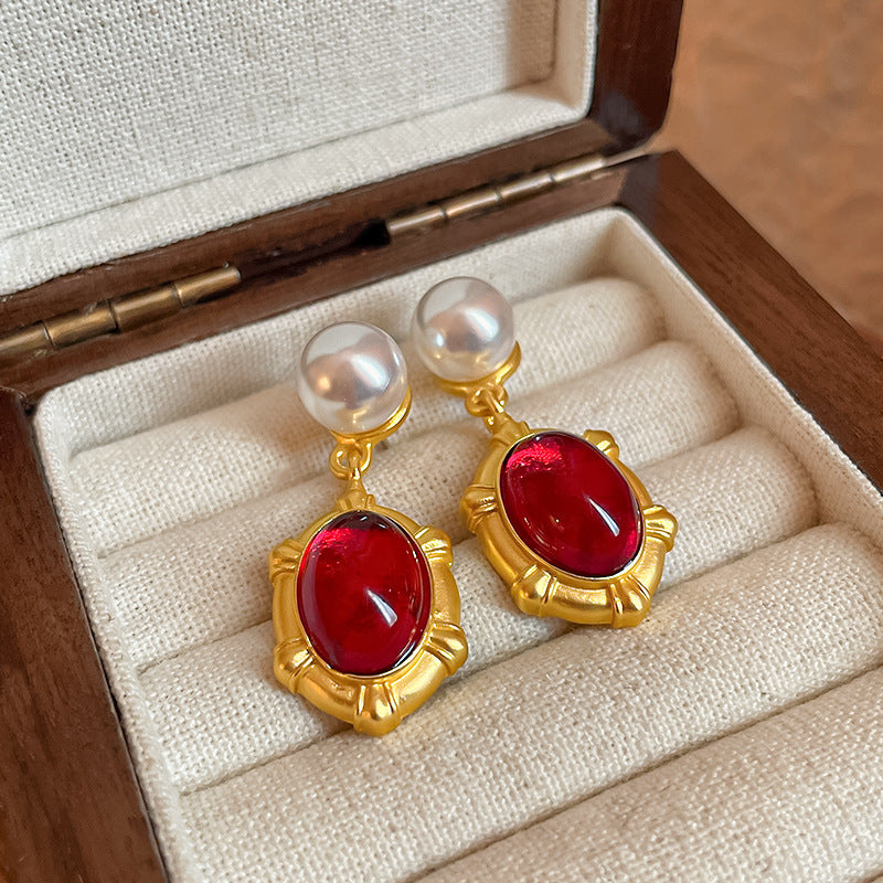 Silver Needle Ancora Red Oil Drop Geometric Earrings Niche Versatile Retro Elegant Studs High-end Fashion Earrings for Women