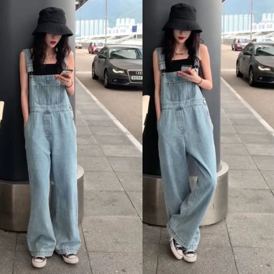 Internet Celebrity Floor-Length Pants2024Spring Summer New Long Pants Korean Style Loose Plus Size High Waist Wide Leg Jeans Overalls for Women