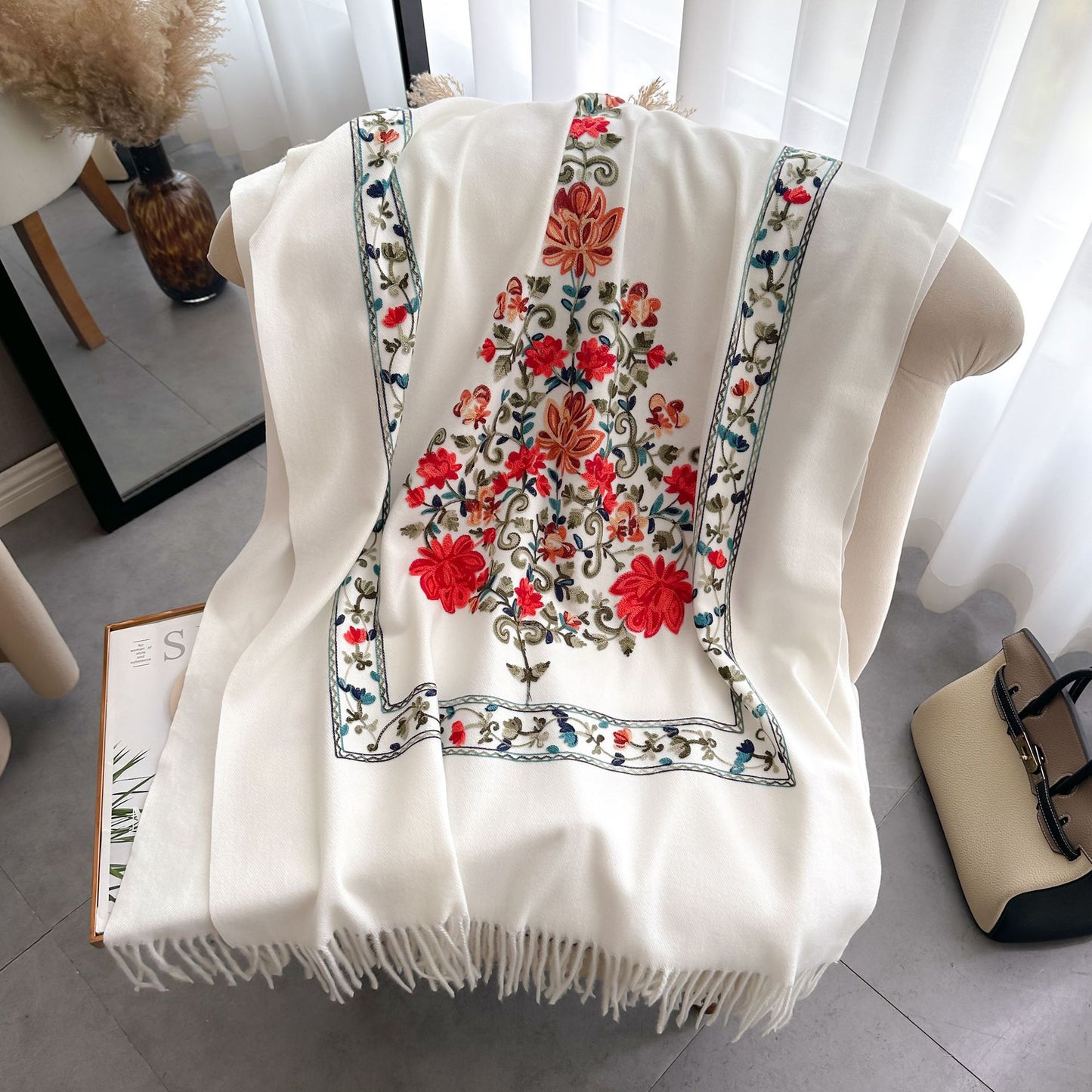 Bright Red Gold Thread Embroidered Scarf for Women Winter Versatile Wool Thickened Warm Cashmere Large Shawl for Women Dual-use Outerwear