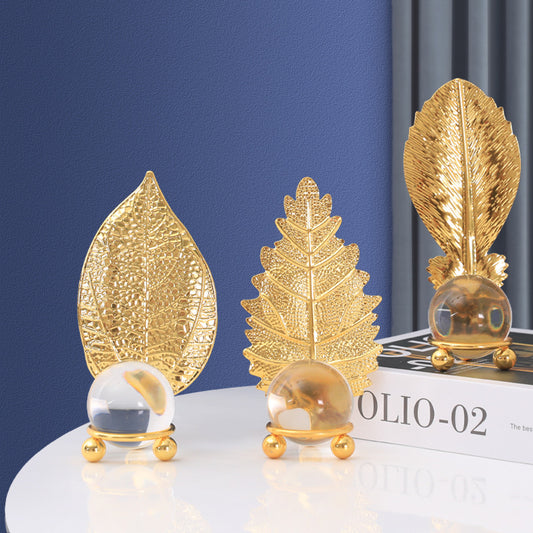 Nordic Light Luxury Metal Leaf Crystal Ball Ornament for Study Room Bookshelf Wine Frame Model Room Entrance Decoration Ornament