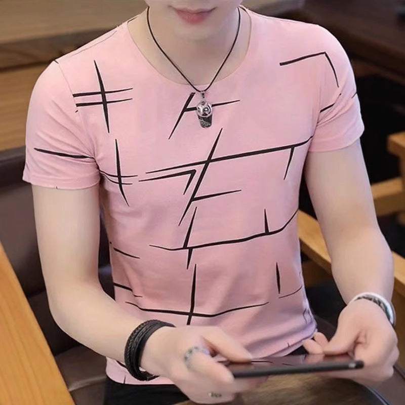 2025Cross-border Trade Summer New Style for Teenagers N Men's Short Sleeve Color Block Crew Neck Trendy Half Sleeve t Shirt Top