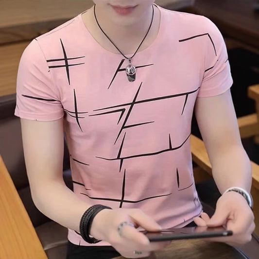 2025Cross-border Trade Summer New Style for Teenagers N Men's Short Sleeve Color Block Crew Neck Trendy Half Sleeve t Shirt Top