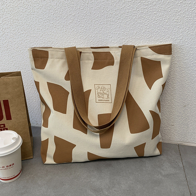 Canvas bag for women, single shoulder, suitable for college students to carry books ins Korean Style Zippered Artistic Design Handheld Canvas Bag
