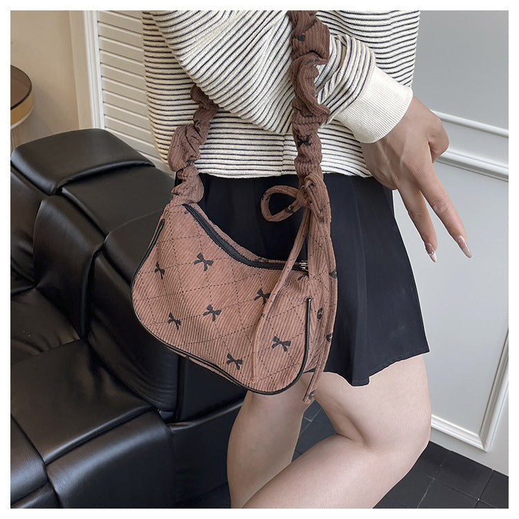 Sweet Bow Plaid Single Shoulder Underarm Crescent Bag2024Autumn new simple casual large capacity handbag