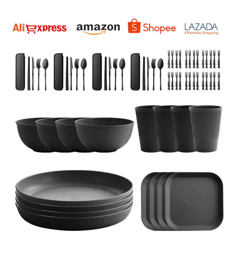 TEMU Amazon Wheat Straw Plate Bowl Cup Tableware Set Household Dining Plate Rice Bowl Water Cup Tableware Set Eco-friendly